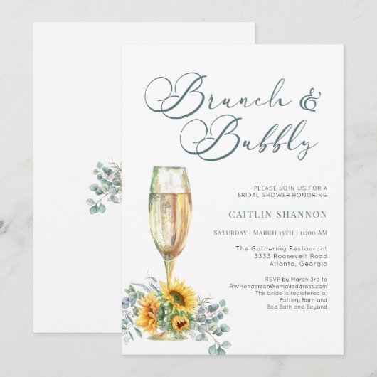 スクリプト ブランチ アンド バブルリー ヒマワリ ブライダル シャワー 招待状 (正面/裏面)