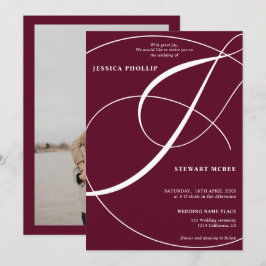 スクリプト ワインレッド フォト カリグラフィー ウェディング 招待状