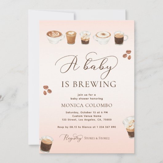 スクリプトAベビーはピンクコーヒーベビーシャワーを醸造している 招待状 (正面)