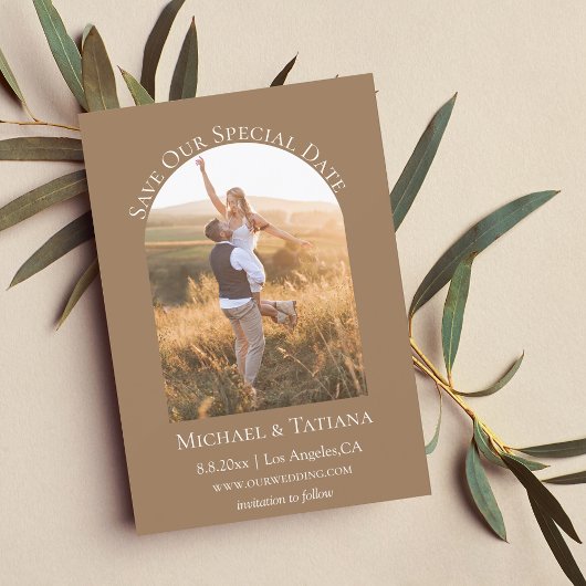 スクリプトbohoモダンアーチ写真茶色テラコッタ セーブザデート