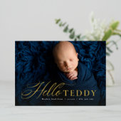 スクリプトhelloクラシック青い写真の誕生発表 箔招待状 (立ち正面)