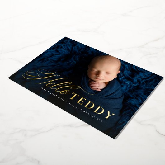 スクリプトhelloクラシック青い写真の誕生発表 箔招待状 (回転した状態)