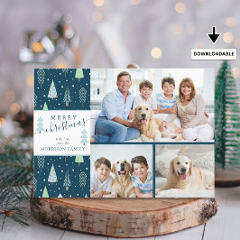 スクリプトMERRY CHRISTMAS BLUE Green Trees 3枚の写真 シーズンカード