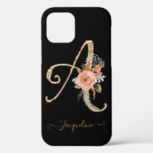 スクリプトMonogram a黒金ゴールドBOHOピンクフローラリーフ iPhone 12ケース