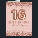 スクリプファンシートピンクグリッターハッピー16誕生日 カード<br><div class="desc">ガーリーグリッター、千年のピンクの背景、スクリプファンシート名タイポグラフィ。バラフェイク金ゴールド16バルーン文字。甘素晴らしい16お祝い。あなた空白のが独自の声明を追加できるように内部。</div>