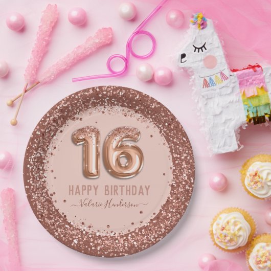 スクリプファンシートピンクグリッターハッピー16誕生日 ペーパープレート (パーティー)