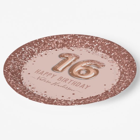 スクリプファンシートピンクグリッターハッピー16誕生日 ペーパープレート (アングル)