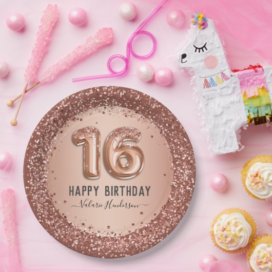 スクリプファンシートピンクグリッターハッピー16誕生日 ペーパープレート (パーティー)
