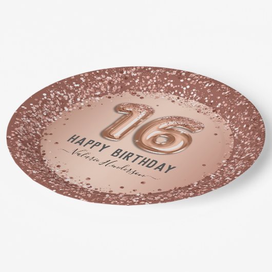 スクリプファンシートピンクグリッターハッピー16誕生日 ペーパープレート (アングル)