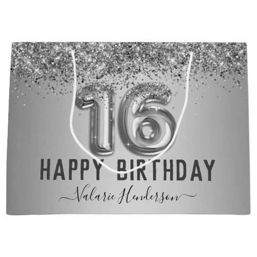 スクリプファンシートピンクグリッターハッピー16誕生日 ラージペーパーバッグ (正面)