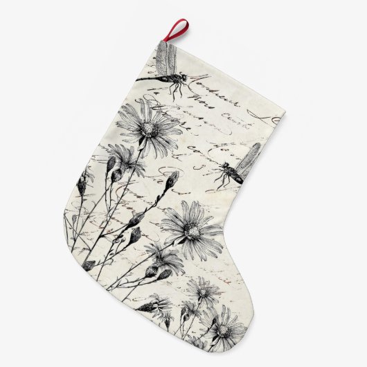 スクリプフランスのトワイルドフラワードラゴンフライヴィンテージ休日 ラージクリスマスストッキング (正面 (吊り時))