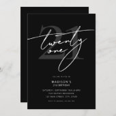 スクリプミニマルエレガントト黒21歳の誕生日パーティー 招待状 (正面/裏面)