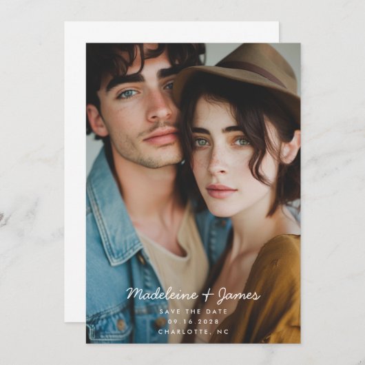 スクリプミニマルトシンプルモダンのフルフォト結婚ズ セーブザデート (正面/裏面)