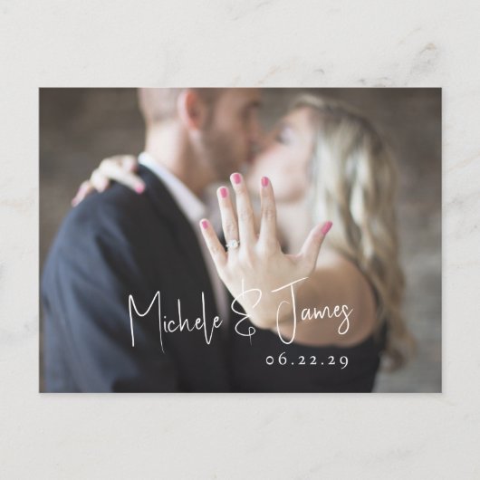 スクリプミニマルトタイポグラフィフォトウェディングRSVP インビテーションポストカード (正面)