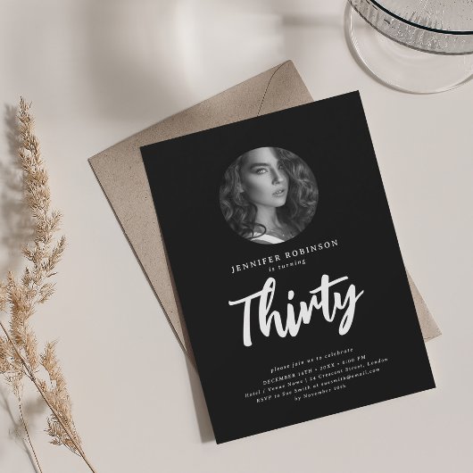 スクリプミニマルト写真30th誕生日ブラック 招待状