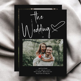 スクリプミニマルト署名ハートフォトブラック結婚ズ 招待状