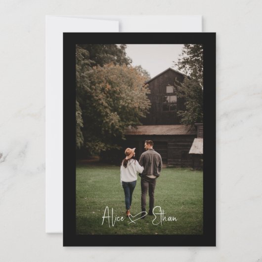 スクリプミニマルト署名ハート写真黒 招待状 (裏面)