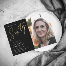 スクリプミニマルト黒金ゴールド写真60誕生日 マグネット招待状