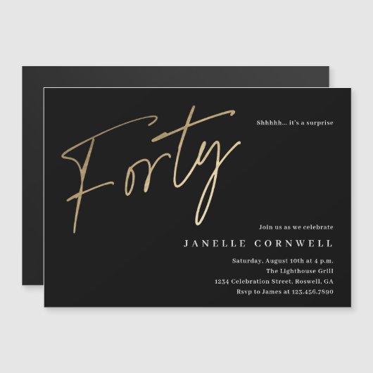 スクリプミニマルト黒金ゴールド0番目の誕生日 マグネット招待状 (正面/裏面)