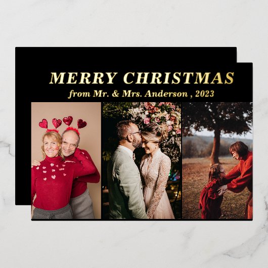 スクリプミニマルト3枚フォトブラックMerry Christmas 箔招待状 (正面/裏面)