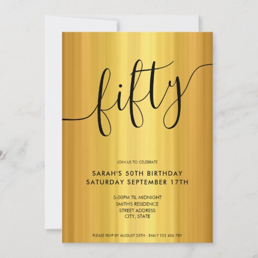スクリプモダンエレガントト金ゴールド50誕生日 招待状 (正面)