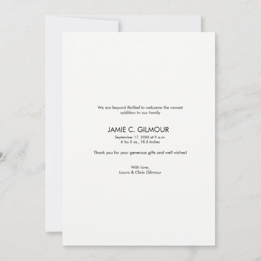 スクリプモダントありがとうごベビー写真誕生 案内状 (裏面)