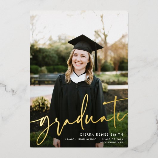 スクリプモダントのフルブリード写真の卒業実在 箔招待状 (正面)