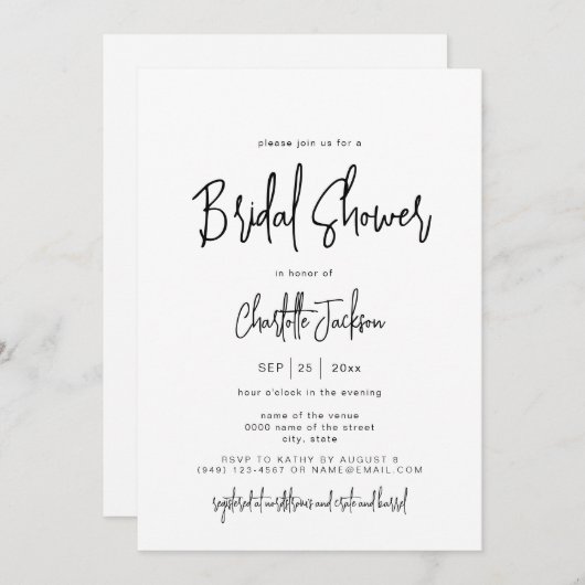 スクリプモダントのミニマルシンプルブライダルシャワー 招待状 (正面/裏面)