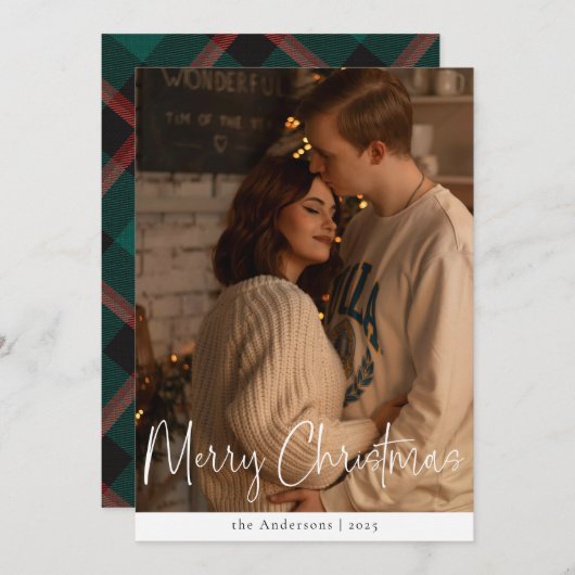 スクリプモダントのミニマル写真グリーンクリスマス シーズンカード (正面/裏面)