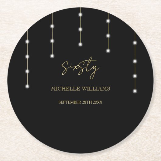 スクリプモダントの黒と金ゴールドパーティー ラウンドペーパーコースター (正面)