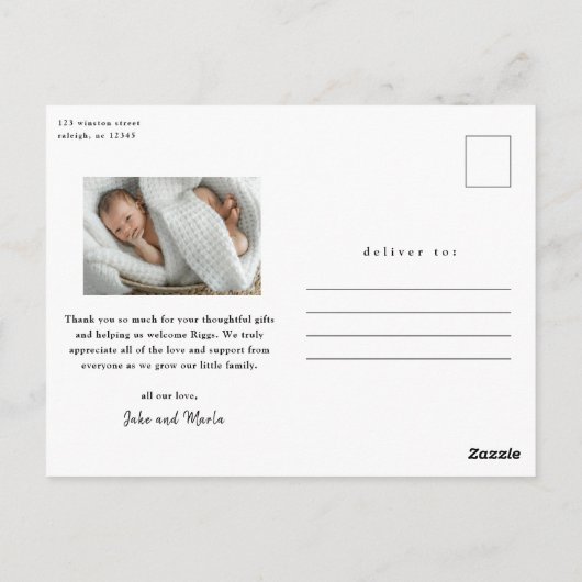 スクリプモダントようこそベビー写真誕生ありがとう ポストカード (裏面)