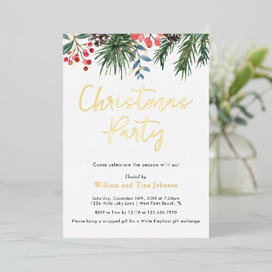 スクリプモダントウィンターホリーベリークリスマスパーティー 箔招待状 (立ち正面)