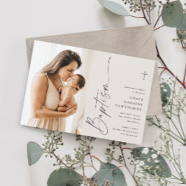 スクリプモダントエレガントアイボリー写真バプテスマ 招待状