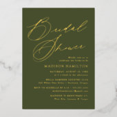 スクリプモダントエレガントオリーブグリーンブライダルシャワー 箔招待状 (正面)