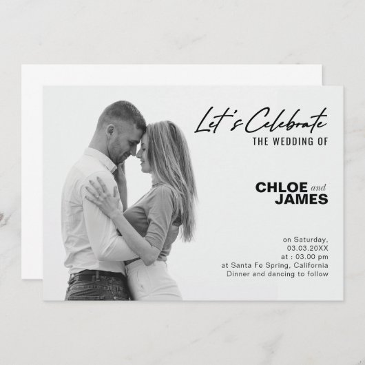 スクリプモダントエレガントフォト結婚式招待状 招待状 (正面/裏面)