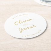 スクリプモダントエレガント金ゴールドの結婚ハッシュタグカスタム。 ラウンドペーパーコースター (アングル)