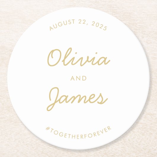スクリプモダントエレガント金ゴールドの結婚ハッシュタグカスタム。 ラウンドペーパーコースター (正面)