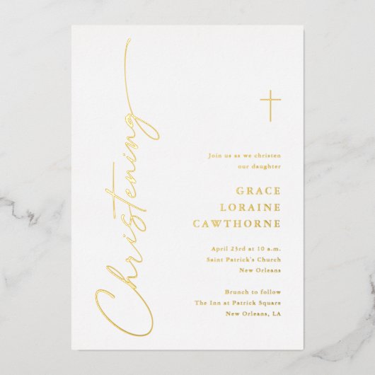 スクリプモダントエレガント《キリスト教》洗礼式や命名式金ゴールド 箔招待状 (正面)