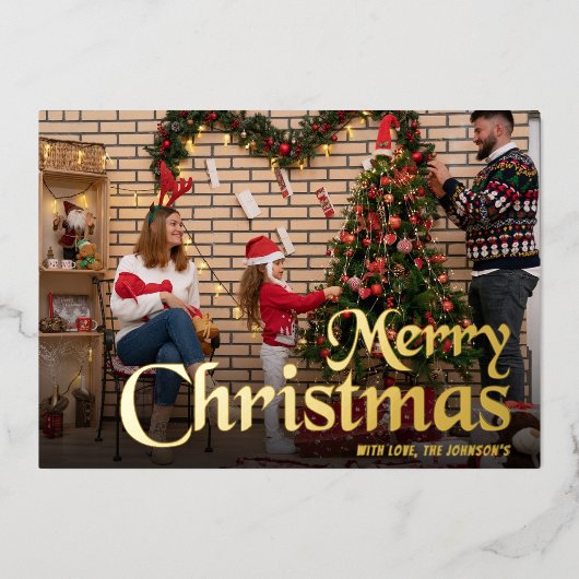 スクリプモダントエレガント・メリー・クリスマス・ファミリーの写真 箔シーズンカード (正面)