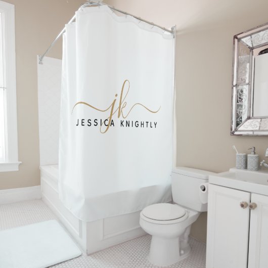 スクリプモダントエレガント・モノグラムイニシャル白金ゴールド シャワーカーテン (インサイチュ)