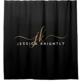 スクリプモダントエレガント・モノグラム・イニシャルブラック・金ゴールド シャワーカーテン (正面)