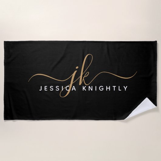 スクリプモダントエレガント・モノグラム・イニシャルブラック・金ゴールド ビーチタオル (正面)