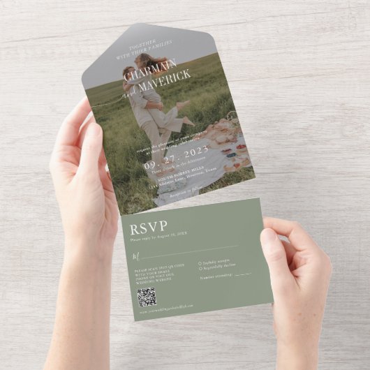 スクリプモダントオーバーレイ写真QRコード結婚の オールインワン招待状 (貼ってはがせる)