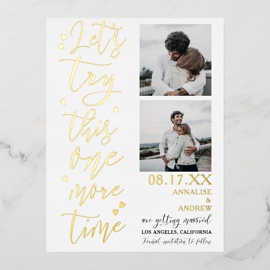 スクリプモダントカッコいい2枚の写真で日付を保存する 箔招待状ポストカード (正面)