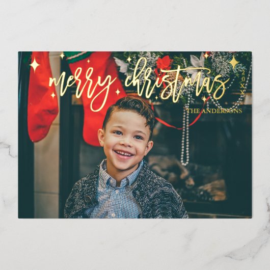スクリプモダントクリスマスゴールドフォイルフォトホリデー 箔シーズンカード (正面)