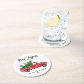 スクリプモダントクリスマスレッドトラックホリデーカスタム ラウンドペーパーコースター (インサイチュ)