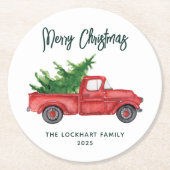 スクリプモダントクリスマスレッドトラックホリデーカスタム ラウンドペーパーコースター (正面)