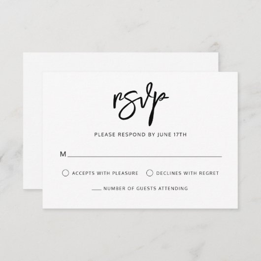 スクリプモダントコンテンポラリー白黒結婚の 出欠カード (正面/裏面)