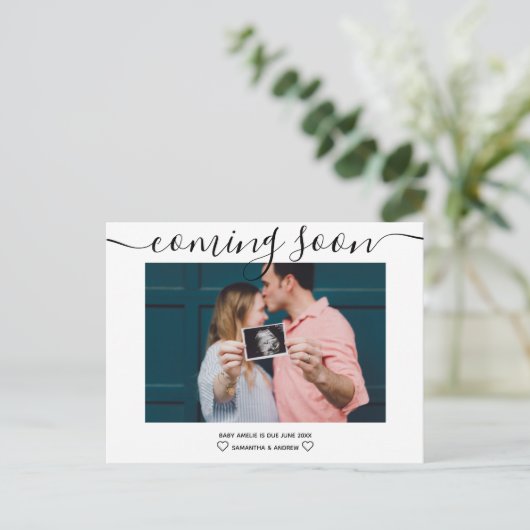 スクリプモダントシンプルタイポグラフィ写真妊娠 案内ポストカード (スタンド正面)