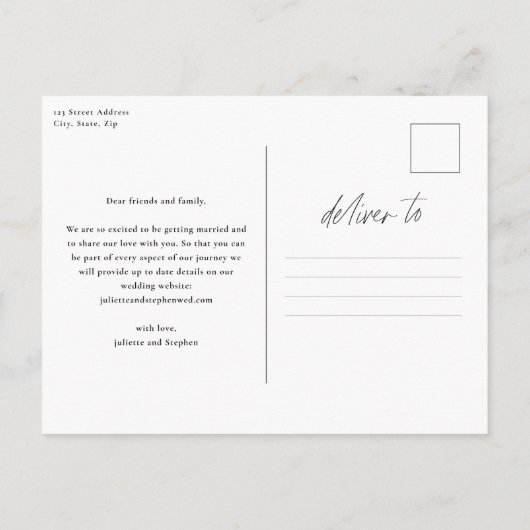 スクリプモダントシンプルフォトウェディング日付の保存 ポストカード (裏面)